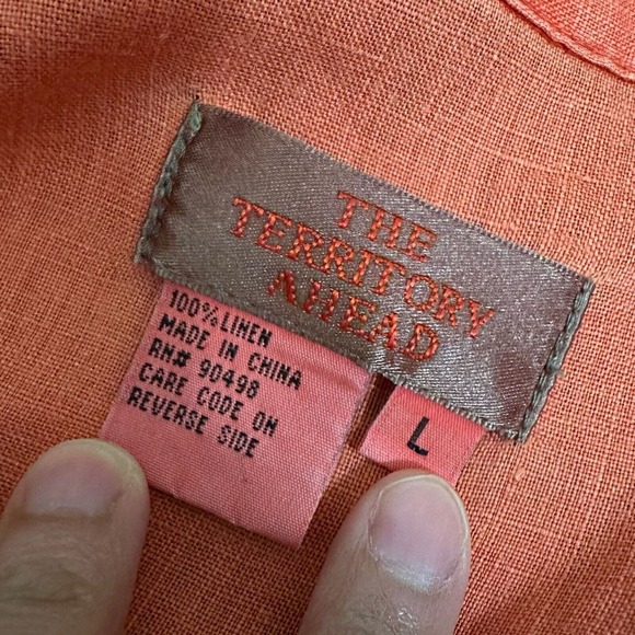 THE TERRITORY AHEAD 100% Linen Button-Up Shirt Roll-Tab Sleeve Orange - Picture 5 of 8